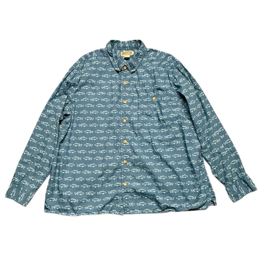 Duluth Trading Men's BBQ Long Sleeve‎ Button Down Shirt Fish Print Blue Sz 2XL